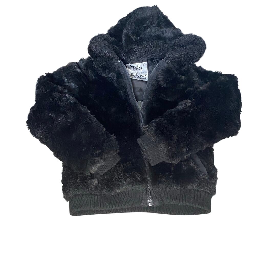 Justice‎ black fuzzy hooded full zip coat SIZE 8